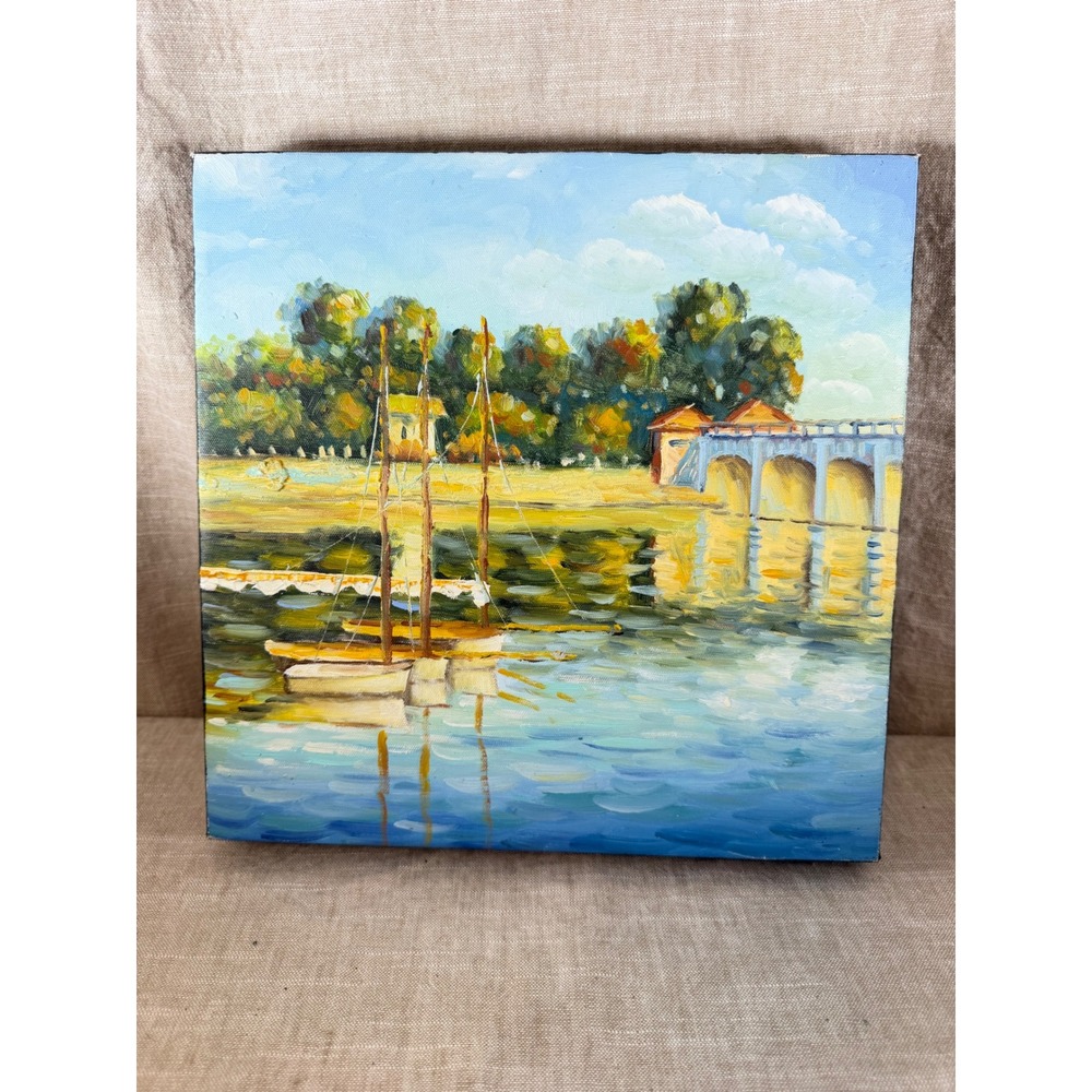 Original Impressionist Oil Painting Nautical Sailboat Bridge Landscape 12x12